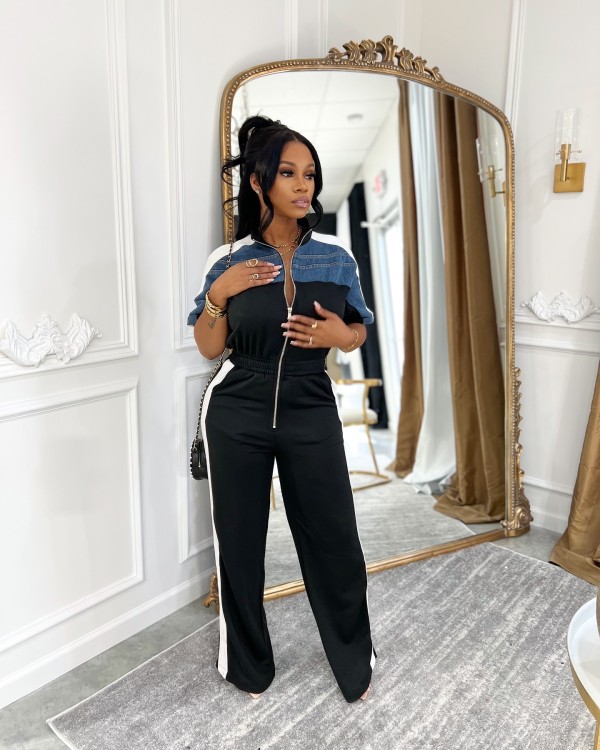 Short Sleeve Color Block Patchwork Jumpsuit OLYF-6174