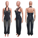 Denim Halterneck Washed Loose Jumpsuit LX-6992