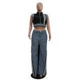 Casual Webbing Loose Spliced Denim Wide Leg Pants Set TR-1323