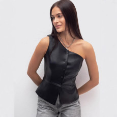 Single-breasted PU Leather Slash Shoulder Vest GPBY-17141