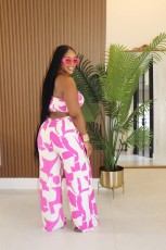 Plus Size Print Hollow Out Tube Tops Wide Leg Pants Suit NY-11018