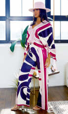 V Neck Long Sleeve Flare Sleeve Pants Suit XHXF-8718