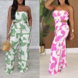 Plus Size Print Hollow Out Tube Tops Wide Leg Pants Suit NY-11018