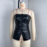 Sexy Single-breasted PU Leather Tank Tops GPBY-17143