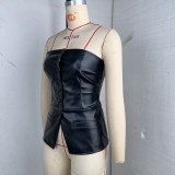 Sexy Single-breasted PU Leather Tank Tops GPBY-17143