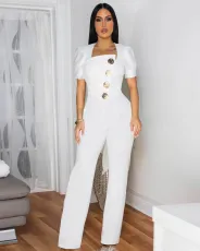 Patchwork Large Button Short Sleeve Sport Jumpsuit OSM-4472
