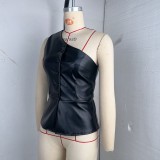 Single-breasted PU Leather Slash Shoulder Vest GPBY-17141