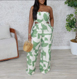 Plus Size Print Hollow Out Tube Tops Wide Leg Pants Suit NY-11018