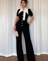 Sleeveless Lapel Patchwork Jumpsuit OSM-4474