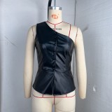 Single-breasted PU Leather Slash Shoulder Vest GPBY-17141