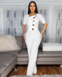 Patchwork Large Button Short Sleeve Sport Jumpsuit OSM-4472