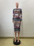 Long Sleeve Print O Neck Midi Dress QOUY-6057