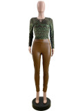 Leopard Print Tops And PU Leather Pants Suit QOUY-6058