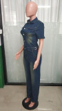 Fashion Denim Single-breasted Short Sleeve Jumpsuit BLX-6994