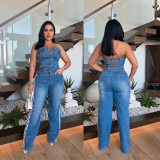 One Shoulder Patchwork Wide Leg Denim Jumpsuit LX-6995