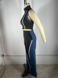Denim Patchwork Sleeveless Wide Leg Pants 2 Piece Set TE-4733