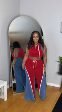 Denim Patchwork Sleeveless Wide Leg Pants 2 Piece Set TE-4733