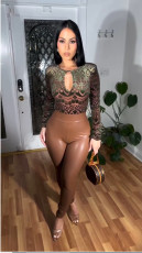 Leopard Print Tops And PU Leather Pants Suit QOUY-6058