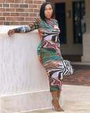 Long Sleeve Print O Neck Midi Dress QOUY-6057