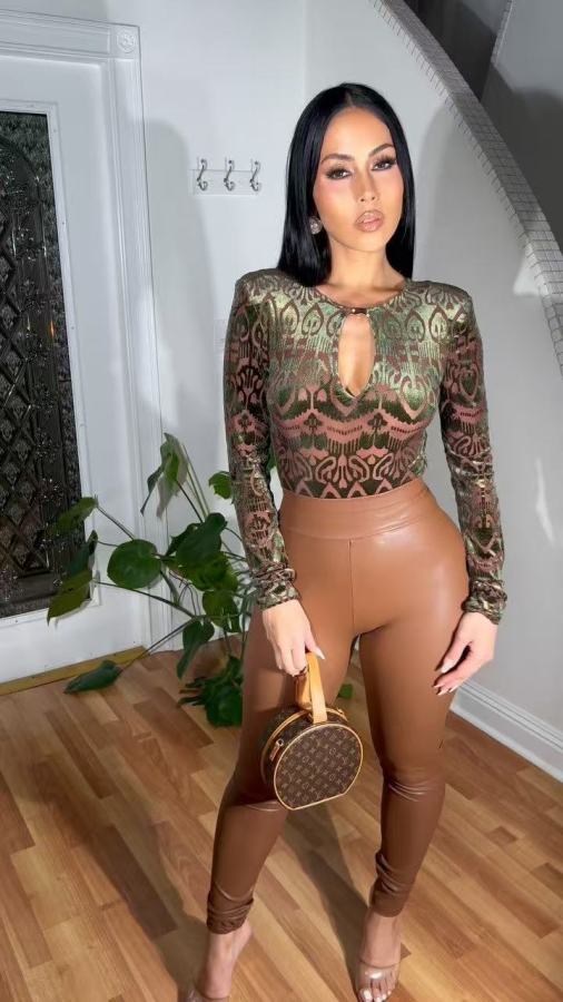 Leopard Print Tops And PU Leather Pants Suit QOUY-6058