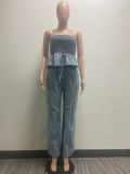 Sexy Wrap Chest Ruffled top +Pants Demim Suit GZCF-30019