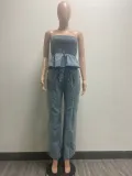 Sexy Wrap Chest Ruffled top +Pants Demim Suit GZCF-30019