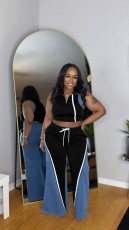 Denim Patchwork Sleeveless Wide Leg Pants 2 Piece Set TE-4733