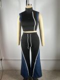 Denim Patchwork Sleeveless Wide Leg Pants 2 Piece Set TE-4733