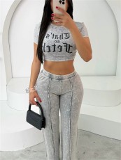 Letter Print Crop Tops And Pants Two Piece Set GYZY-8953