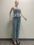 Sexy Wrap Chest Ruffled top +Pants Demim Suit GZCF-30019