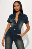 Fashion Denim Single-breasted Short Sleeve Jumpsuit BLX-6994