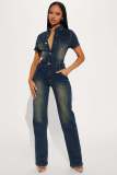 Fashion Denim Single-breasted Short Sleeve Jumpsuit BLX-6994