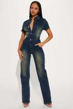 Fashion Denim Single-breasted Short Sleeve Jumpsuit BLX-6994