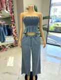 Sexy Wrap Chest Ruffled top +Pants Demim Suit GZCF-30019
