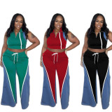 Denim Patchwork Sleeveless Wide Leg Pants 2 Piece Set TE-4733