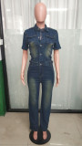 Fashion Denim Single-breasted Short Sleeve Jumpsuit BLX-6994