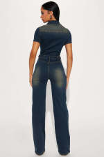 Fashion Denim Single-breasted Short Sleeve Jumpsuit BLX-6994