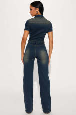 Fashion Denim Single-breasted Short Sleeve Jumpsuit BLX-6994