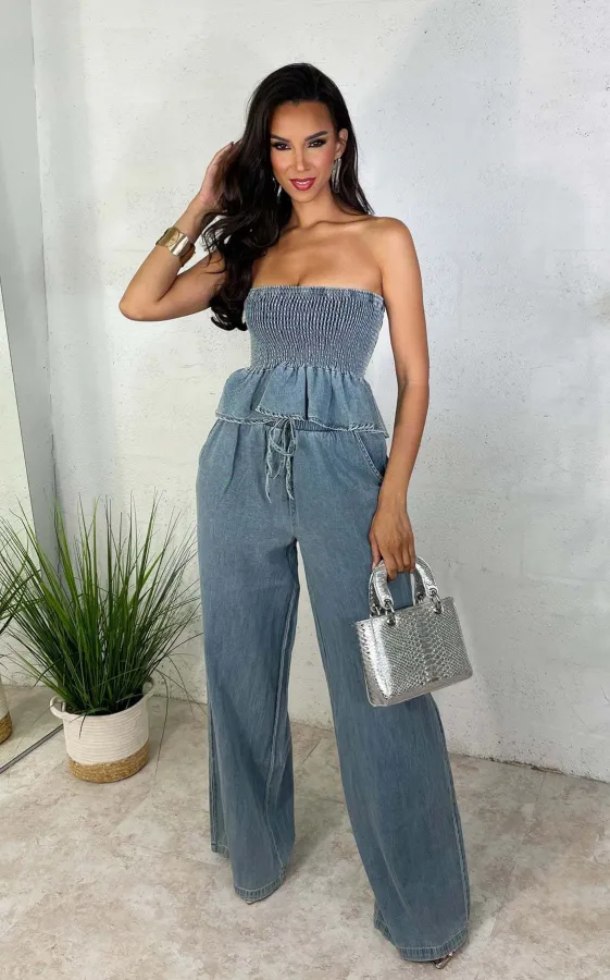Sexy Wrap Chest Ruffled top +Pants Demim Suit GZCF-30019