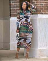 Long Sleeve Print O Neck Midi Dress QOUY-6057