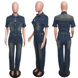 Fashion Denim Single-breasted Short Sleeve Jumpsuit BLX-6994