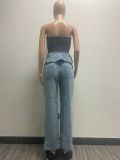 Sexy Wrap Chest Ruffled top +Pants Demim Suit GZCF-30019