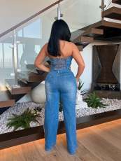 One Shoulder Patchwork Wide Leg Denim Jumpsuit LX-6995
