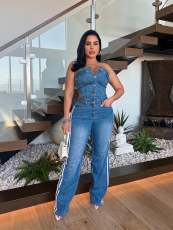 One Shoulder Patchwork Wide Leg Denim Jumpsuit LX-6995