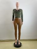 Leopard Print Tops And PU Leather Pants Suit QOUY-6058