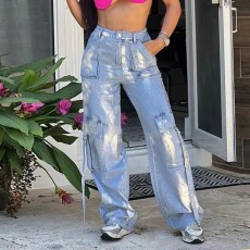 Fashion Print Multi-pockets Loose Jeans GZCF-F56925
