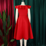 Plus Size V Neck Ruffles Big Swing Midi Dress GATE-565