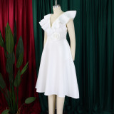 Plus Size V Neck Ruffles Big Swing Midi Dress GATE-565