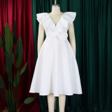 Plus Size V Neck Ruffles Big Swing Midi Dress GATE-565
