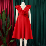 Plus Size V Neck Ruffles Big Swing Midi Dress GATE-565